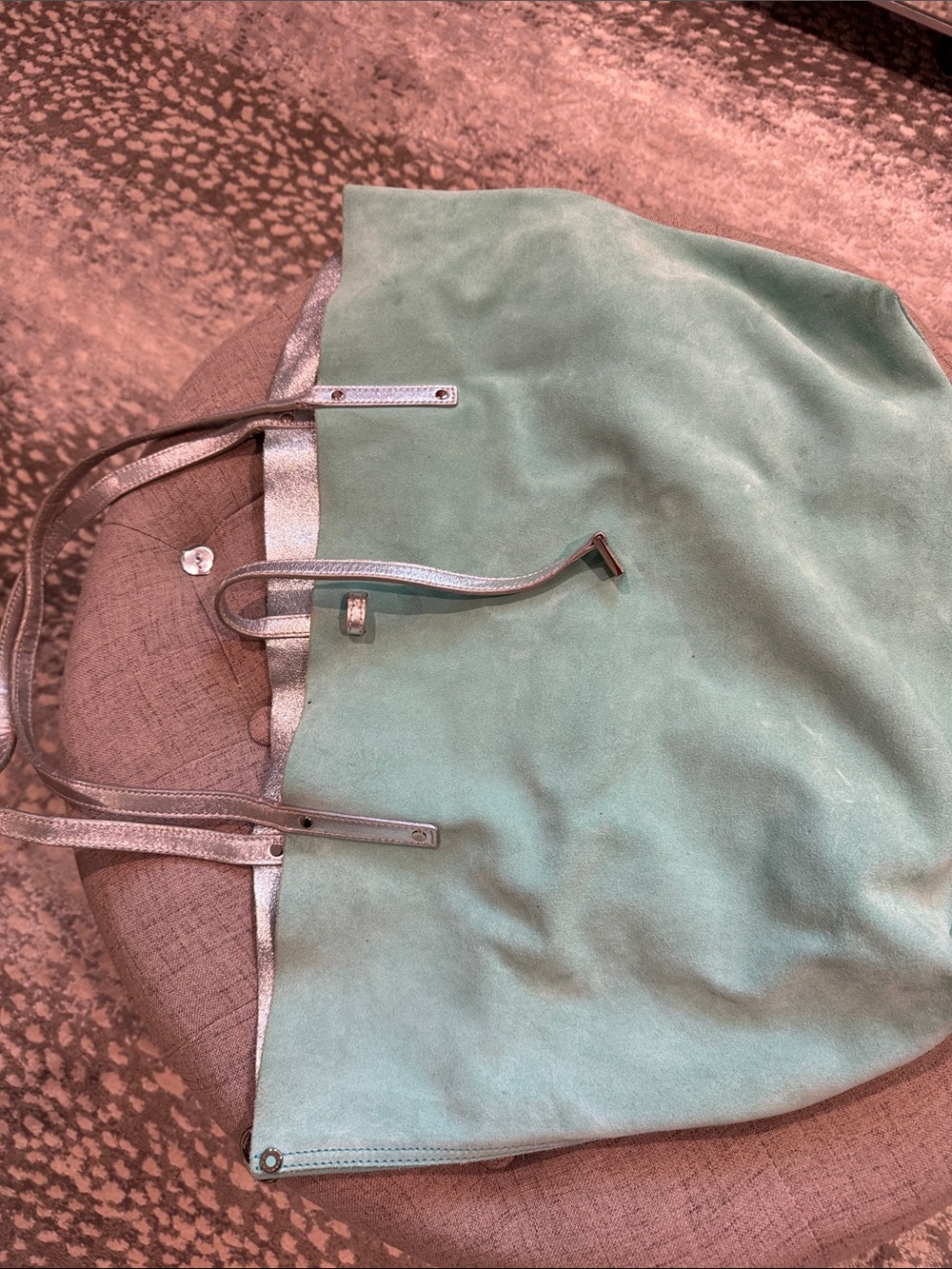 Tiffany blue and silver reversible Tote Bag with attached mini bag.